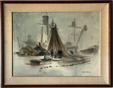 Arthur Riley Antique California Boat Landscape Watercolor Painting Old Wpa 1959