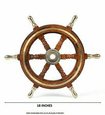 18 Brown Wooden Ship Steering Wheel Brass Stripe 6 Spoke Captain Boat Pirate