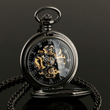 Ess Mens Pocket Watch Mechanical Black Steampunk Skeleton Retro Chain Luxury