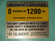 U.s. Coast Guard Baja 192 Islander 8 Persons Or 1200 Lbs Capacity Plate Nos