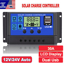 30a Solar Panel Battery Charge Controller 12v24v Lcd Regulator Auto Dual Usb Us