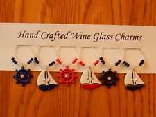 Nautical Sailboat And Steering Wheel Set Of 6 Wine Glass Charms Drink Markers