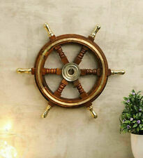 Captain Pirate Ship Steering Wheel Boat 18 Brass Wooden Stripe Six Spoke Brown