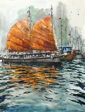 Landscape Painting Watercolor Original Sail Boats Seascape Vietnam Bay 16x11i