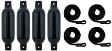 4 Pack Ribbed 6.5 X 23 Boat Fenders Bumpers Vinyl Black W Rope - Made In Usa