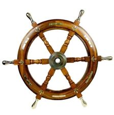 Antique Nautical Wooden Ship Steering Wheel Decor Brass Handle Wall Boat